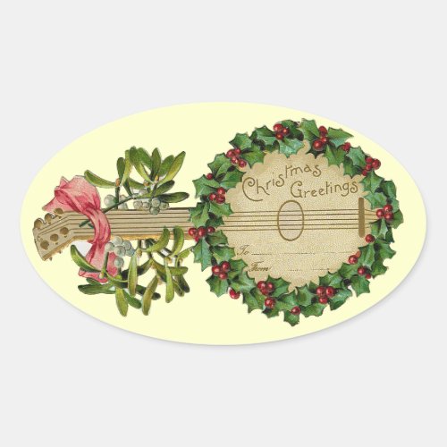 CHRISTMAS BANJO WITH MISTLETOES AND HOLLY BERRIES OVAL STICKER