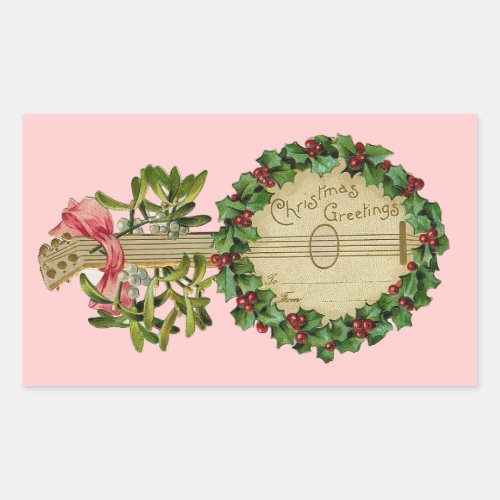 CHRISTMAS BANJO WITH MISTLETOES AND HOLLY BERRIES RECTANGULAR STICKER