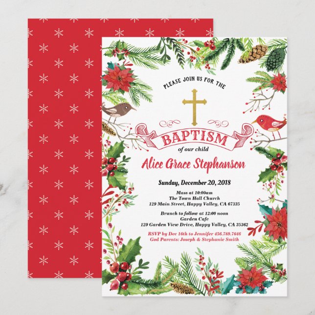 Christmas Baptism invitation. Red white gold cross Invitation (Front/Back)