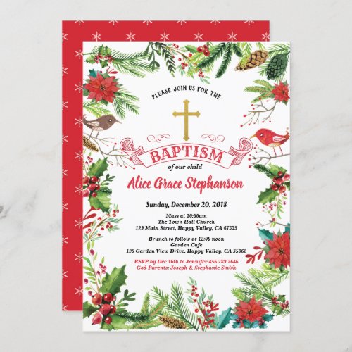 Christmas Baptism invitation Red white gold cross Invitation