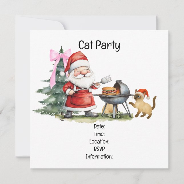 Christmas Barbecue Party with Santa Claus and Cat Invitation (Front)