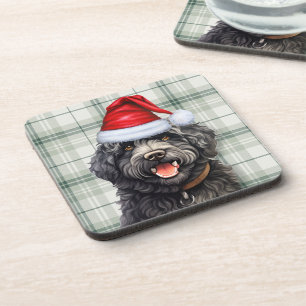 Christmas Barbet Dog Green Plaid Holiday Beverage Coaster