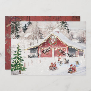 Christmas Barn, Children, Sleds, Aussie Dogs Card