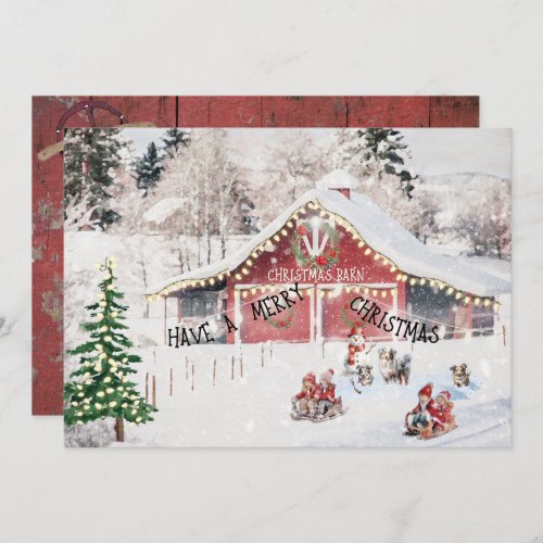 Christmas Barn Children Sleds Aussie Dogs Card