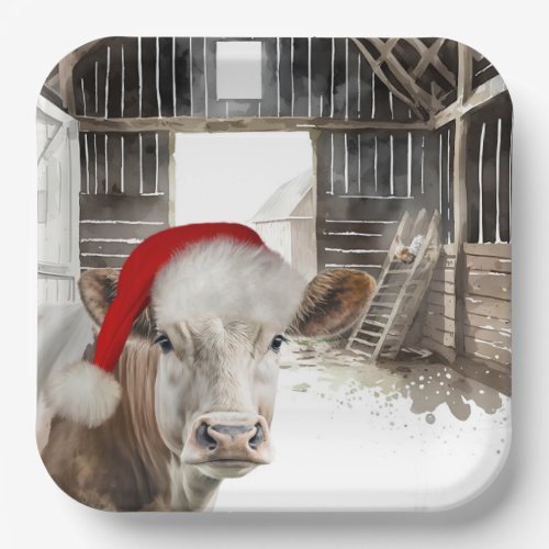 Christmas Barn Cow with Santa Hat Paper Plates