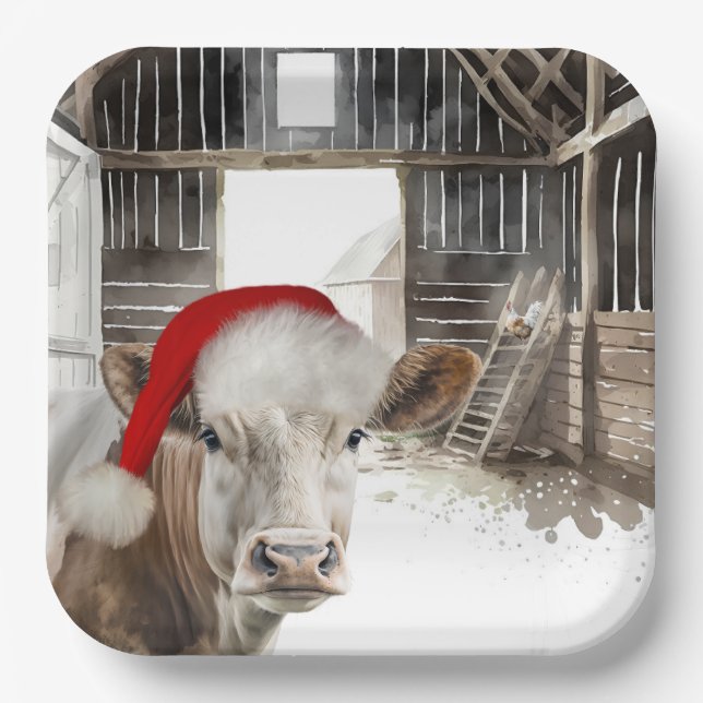 Christmas Barn Cow with Santa Hat Paper Plates (Front)
