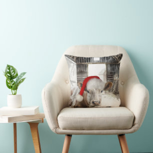 Christmas Barn Cow with Santa Hat  Throw Pillow
