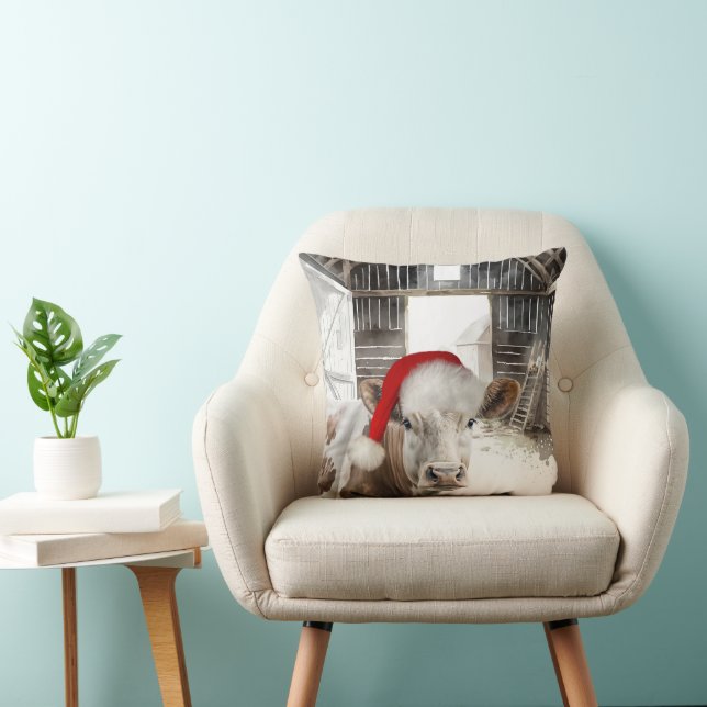 Christmas Barn Cow with Santa Hat  Throw Pillow (Chair)