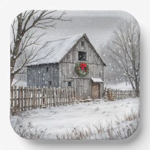 Christmas Barn In Snowflakes Paper Plates