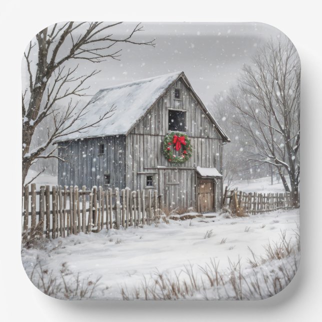 Christmas Barn In Snowflakes Paper Plates (Front)