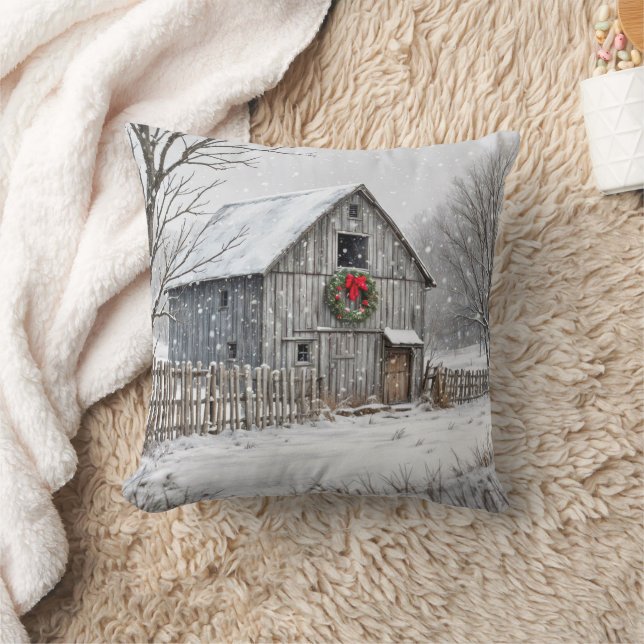 Christmas Barn In Snowflakes Throw Pillow (Blanket)