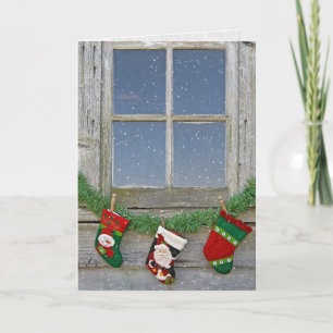 Christmas barn window with snowflakes holiday card