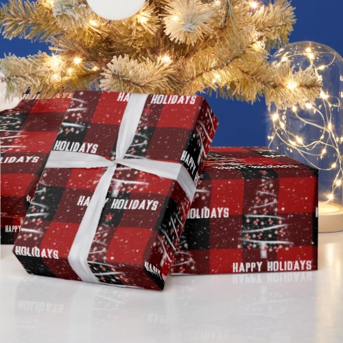 Christmas Baseball and Red Socks Tree On Plaid  Wrapping Paper