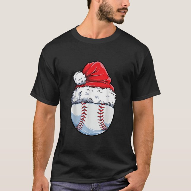 Christmas Baseball Ball Santa Hat Funny Sport Xmas T-Shirt (Front)