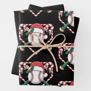 Christmas Baseball Candy Cane Bats Santa Hat Xmas Wrapping Paper Sheets