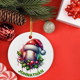 Christmas Baseball Custom Name with Santa Hat Ceramic Ornament