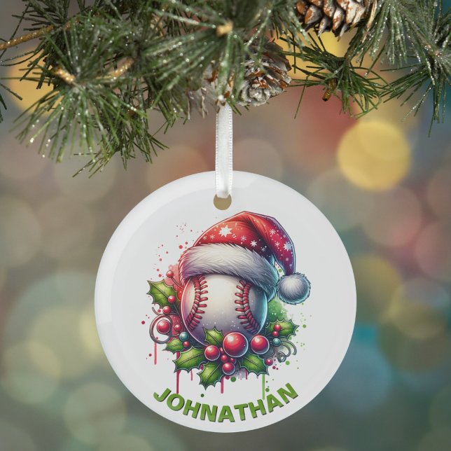 Christmas Baseball Custom Name with Santa Hat Glass Ornament (Creator Uploaded)