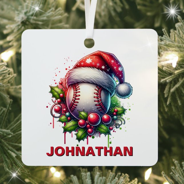 Christmas Baseball Custom Name with Santa Hat Metal Ornament (Creator Uploaded)