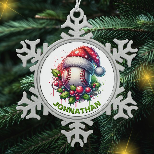 Christmas Baseball Custom Name with Santa Hat Snowflake Pewter Christmas Ornament (Creator Uploaded)