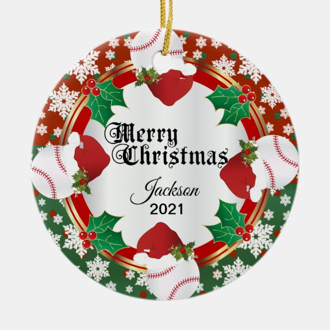 Christmas Baseball Design Ceramic Ornament (Front)