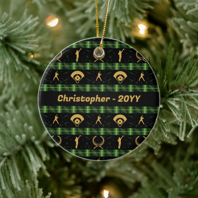 Christmas Baseball Player - Green Check Ceramic Ornament (Tree)