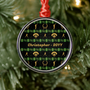 Christmas Baseball Player - Green Check Metal Ornament