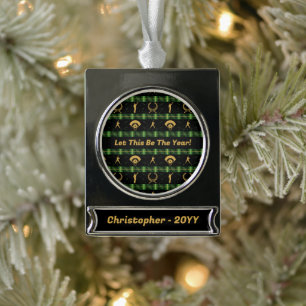 Christmas Baseball Player - Green Check Silver Plated Banner Ornament