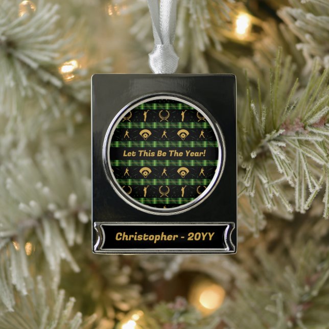 Christmas Baseball Player - Green Check Silver Plated Banner Ornament (Tree)