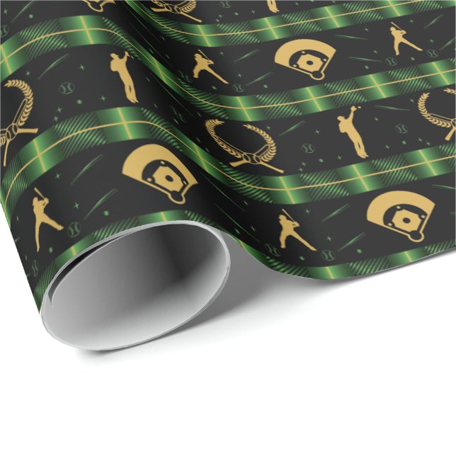 Christmas Baseball Player - Green Check Wrapping Paper (Roll Corner)
