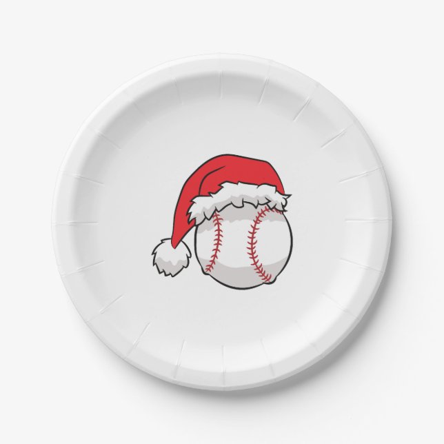 Christmas Baseball Santa Hat Baseball Christmas Paper Plates (Front)