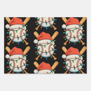 Christmas Baseball Santa Hat Xmas Lights Festive Wrapping Paper Sheets
