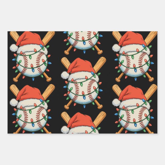 Christmas Baseball Santa Hat Xmas Lights Festive Wrapping Paper Sheets (Front)