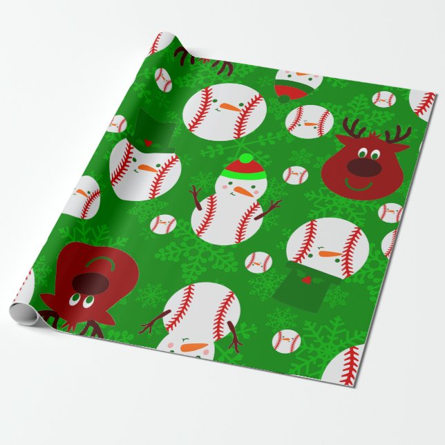 christmas baseball snowman reindeer snowflake wrapping paper (Unrolled)