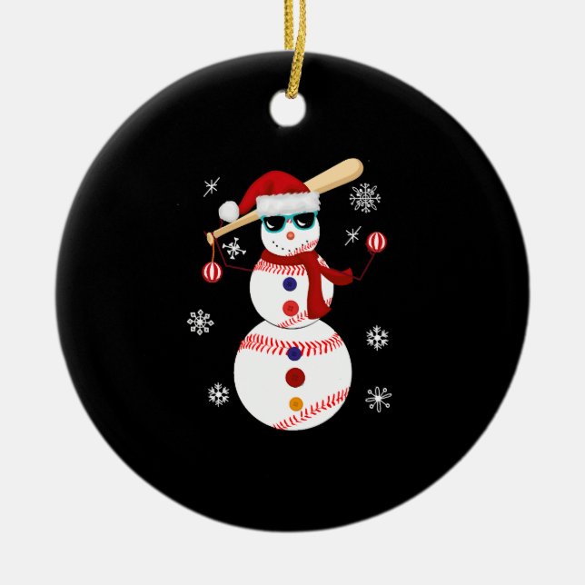 Christmas Baseball Snowman Santa Hat Gift Ceramic Ornament (Front)
