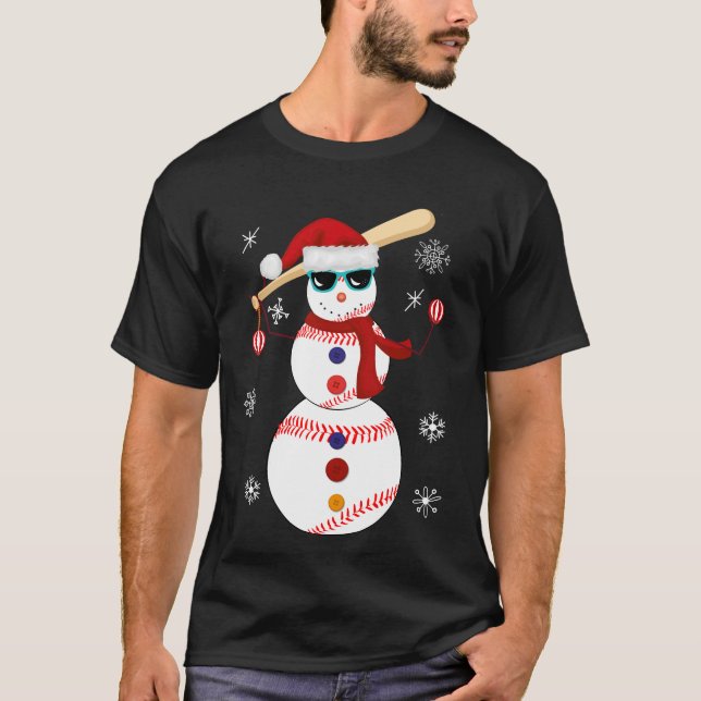 Christmas Baseball Snowman Santa Hat Gift T-Shirt (Front)