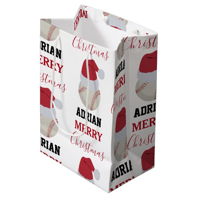 Christmas Baseball Sports Ball Custom Name Medium Gift Bag (Front Angled)