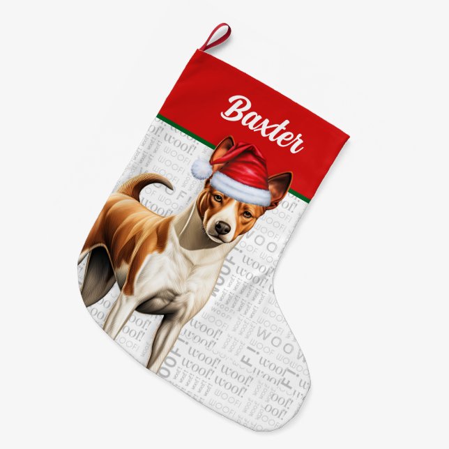 Christmas Basenji Dog Name Woof Large Christmas Stocking (Front (Hanging))