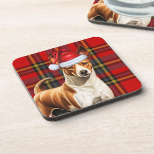 Christmas Basenji Dog Red and Green Plaid Holiday Beverage Coaster