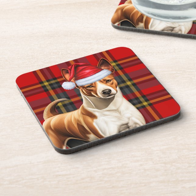Christmas Basenji Dog Red and Green Plaid Holiday Beverage Coaster (Left Side)