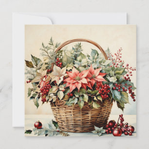 Christmas Basket with Poinsettia Flowers, Berries Holiday Card