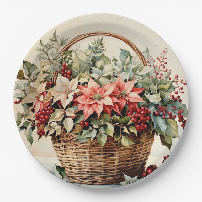 Christmas Basket with Poinsettia Flowers, Berries  Paper Plates (Front)