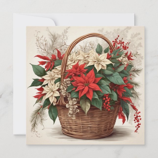 Christmas Basket with Red, White Poinsettia Flower Holiday Card (Front)