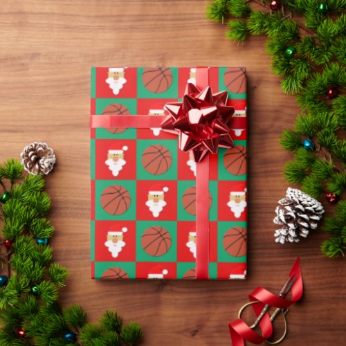 Christmas Basketball and Santa Red  Green Checker Wrapping Paper