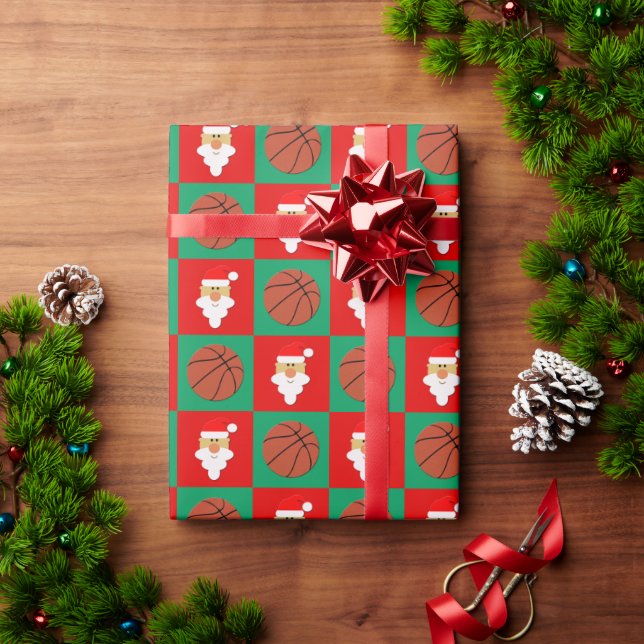 Christmas Basketball and Santa Red & Green Checker Wrapping Paper (Holiday Gift)