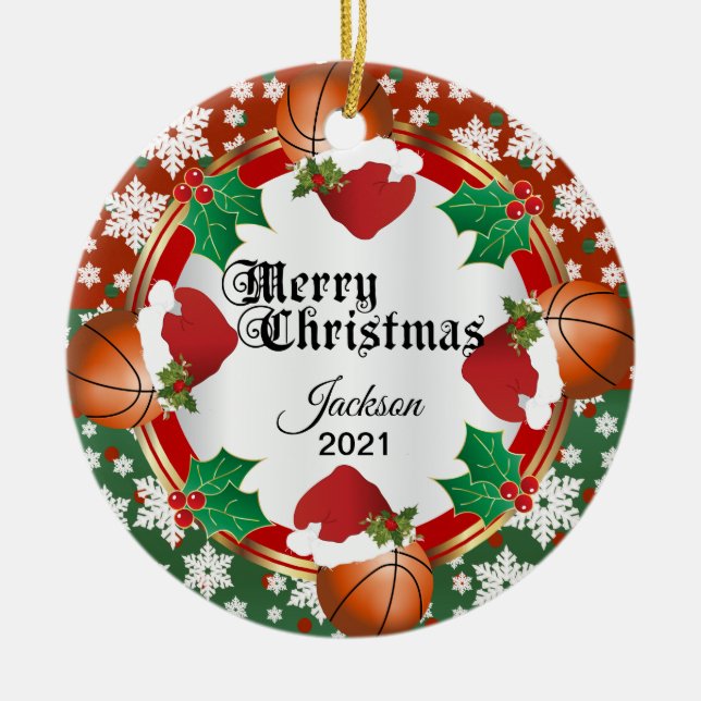 Christmas Basketball Design Ceramic Ornament (Front)