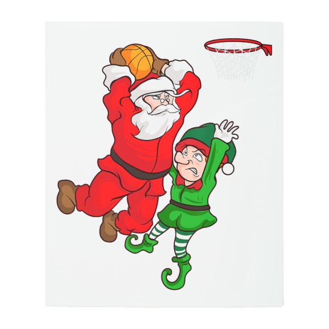 Christmas Basketball Santa Claus Slam Dunk Elf Fun Metal Print (Front)