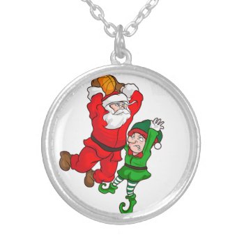Christmas Basketball Santa Claus Slam Dunk Elf Fun Silver Plated Necklace by golflover123 at Zazzle