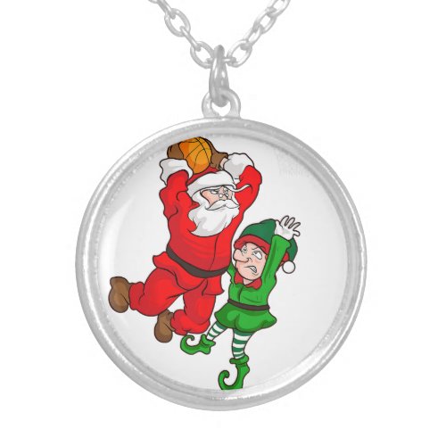 Christmas Basketball Santa Claus Slam Dunk Elf Fun Silver Plated Necklace