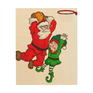 Christmas Basketball Santa Claus Slam Dunk Elf Fun Wood Wall Art