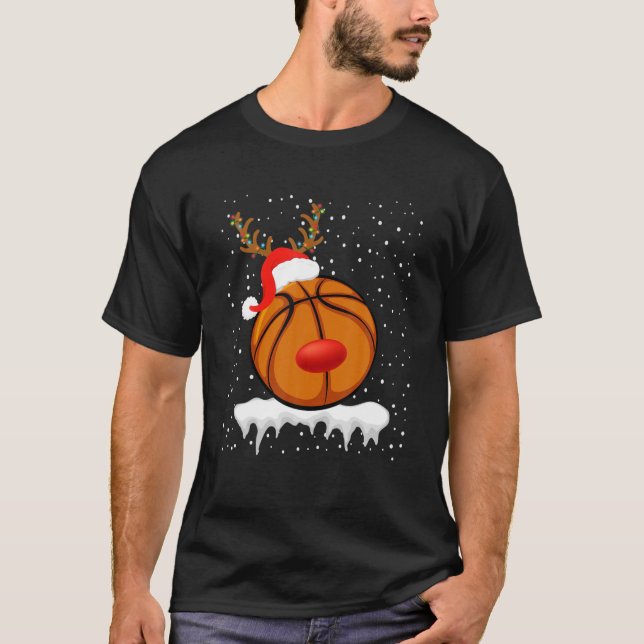 Christmas Basketball Santa Hat Reindeer Xmas Light T-Shirt (Front)